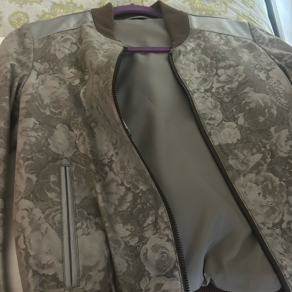 Floral Patterned Gray Leather Bomber Jacket